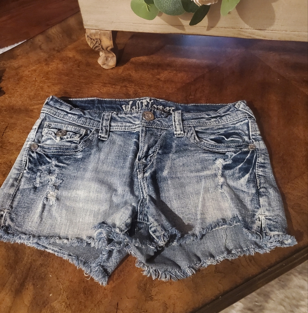Wallflower Frayed Hem Distressed & Embellished Jean Shorts